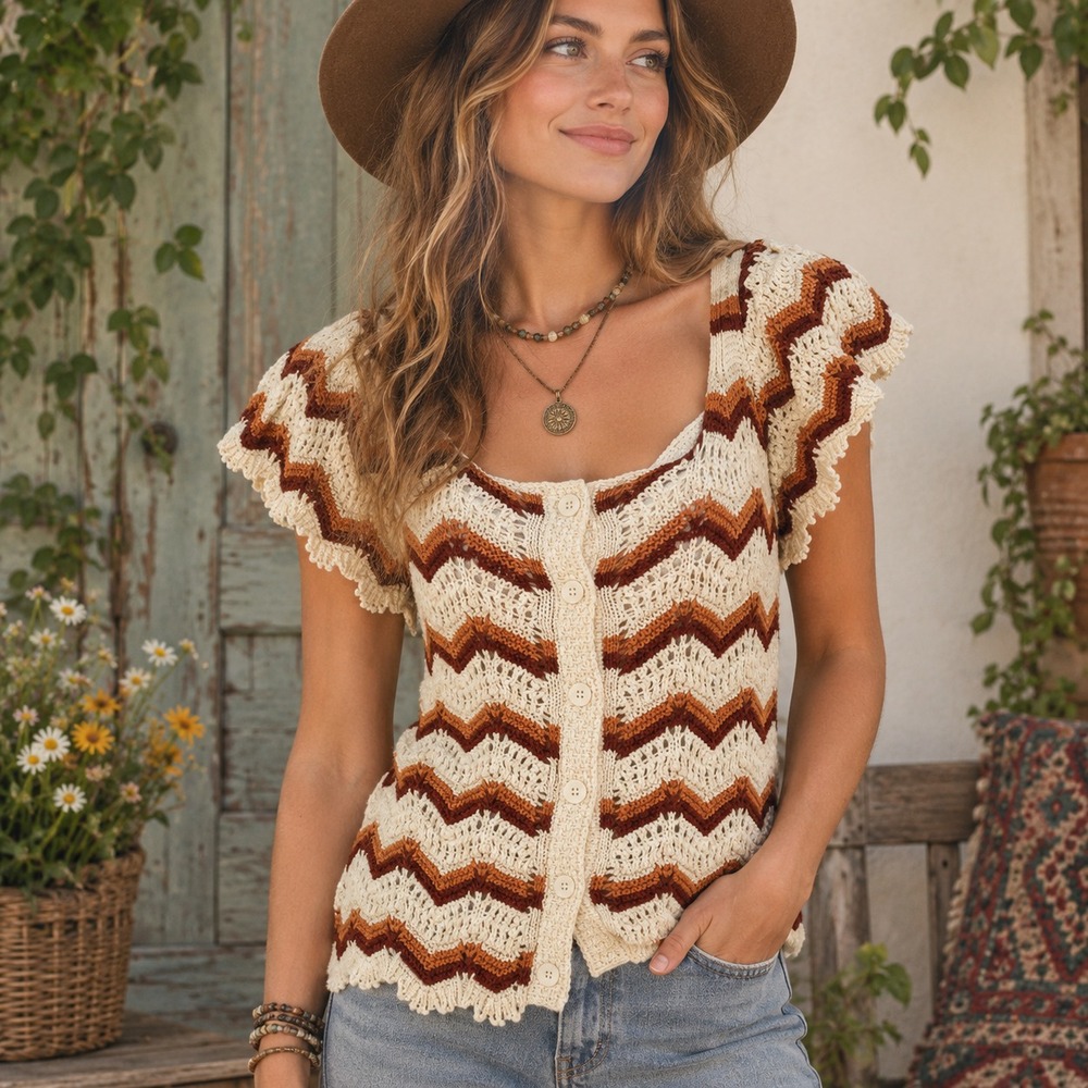 Boho Crochet Cardigan Womens M Cottage 100% Cotton Granola Indie Earthy Retro